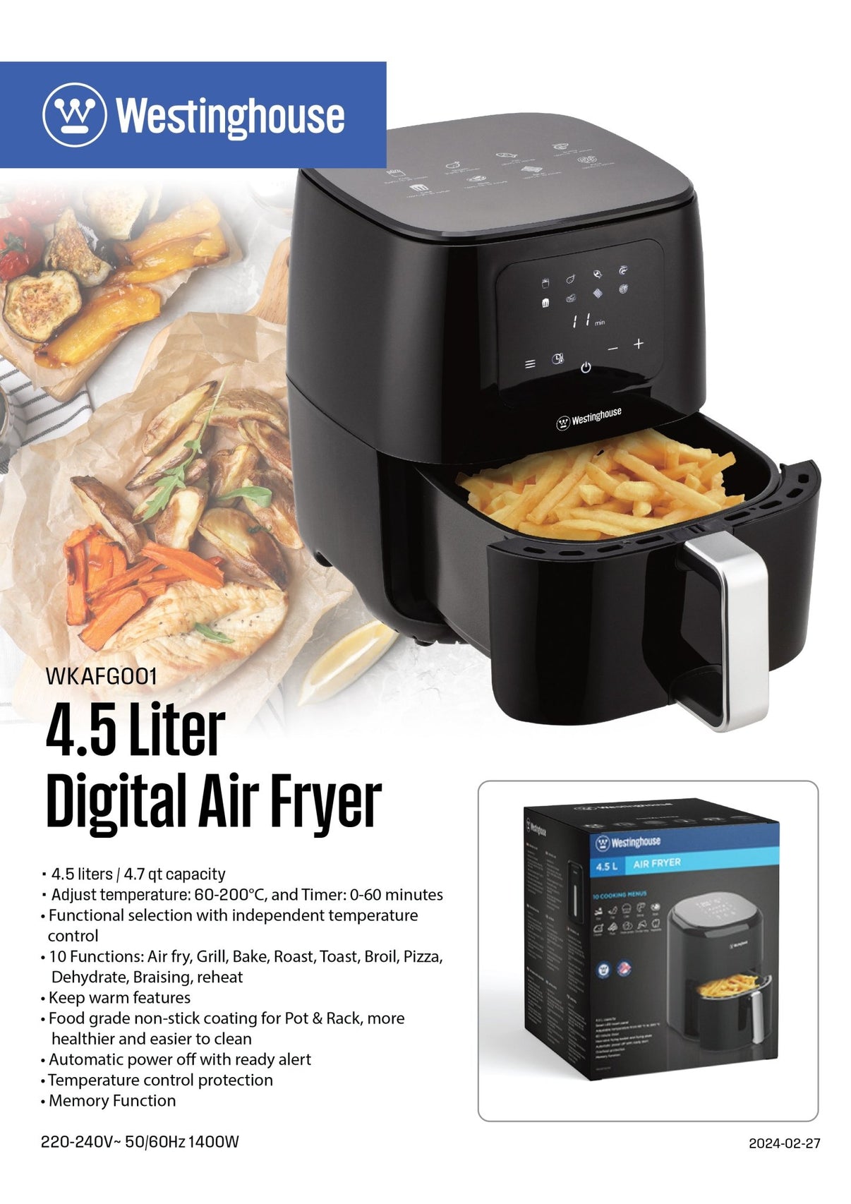 Westinghouse 220 volt air fryer Digital air fryer 220v 240 volt 4.5 liters WKAFGO01